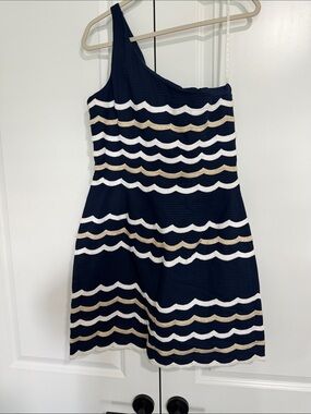 Lilly Pulitzer Navy, White & Gold One-Shoulder Wave Stripe Dress